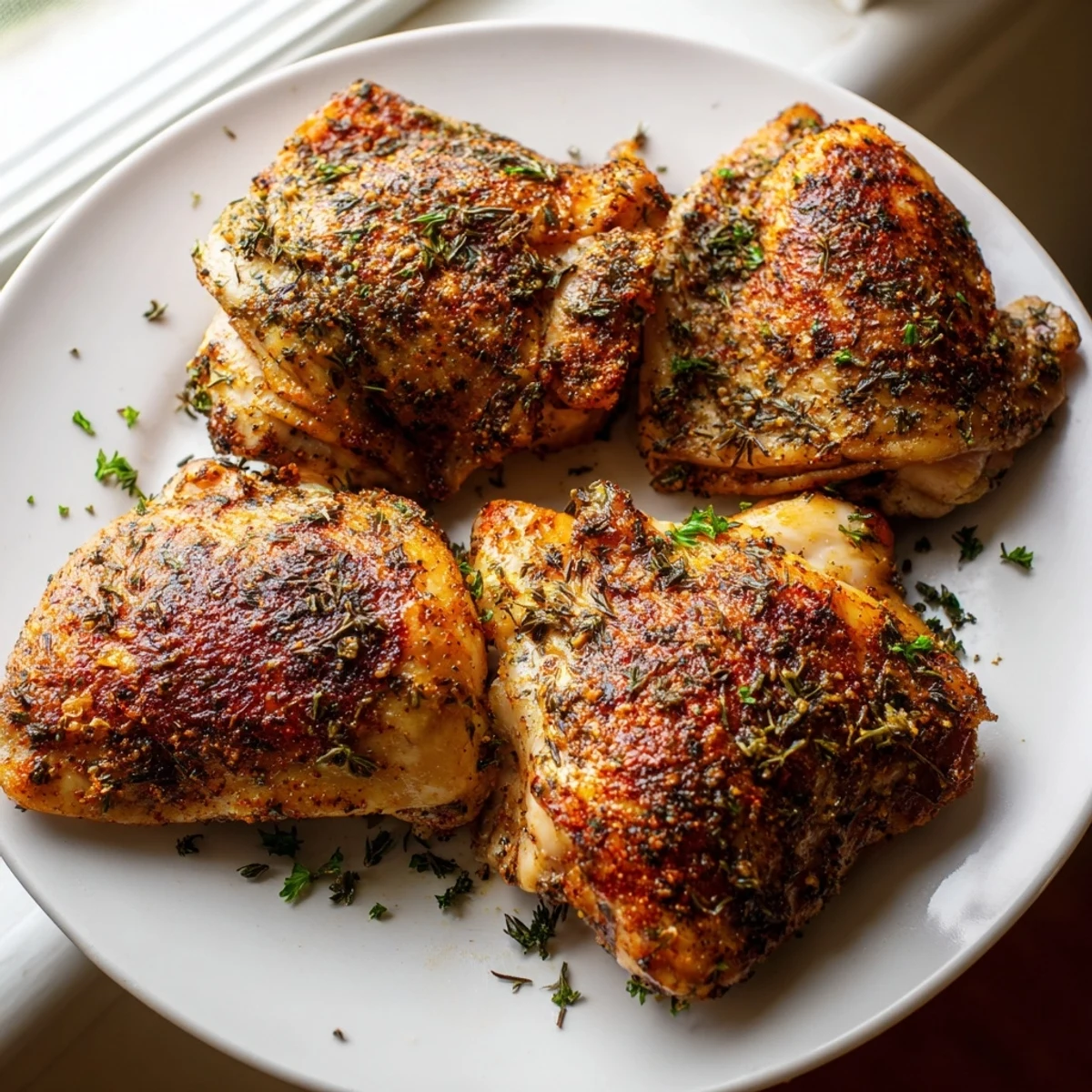 Golden-brown oven baked chicken thighs with fragrant herbs served alongside creamy mashed potatoes for dinner.