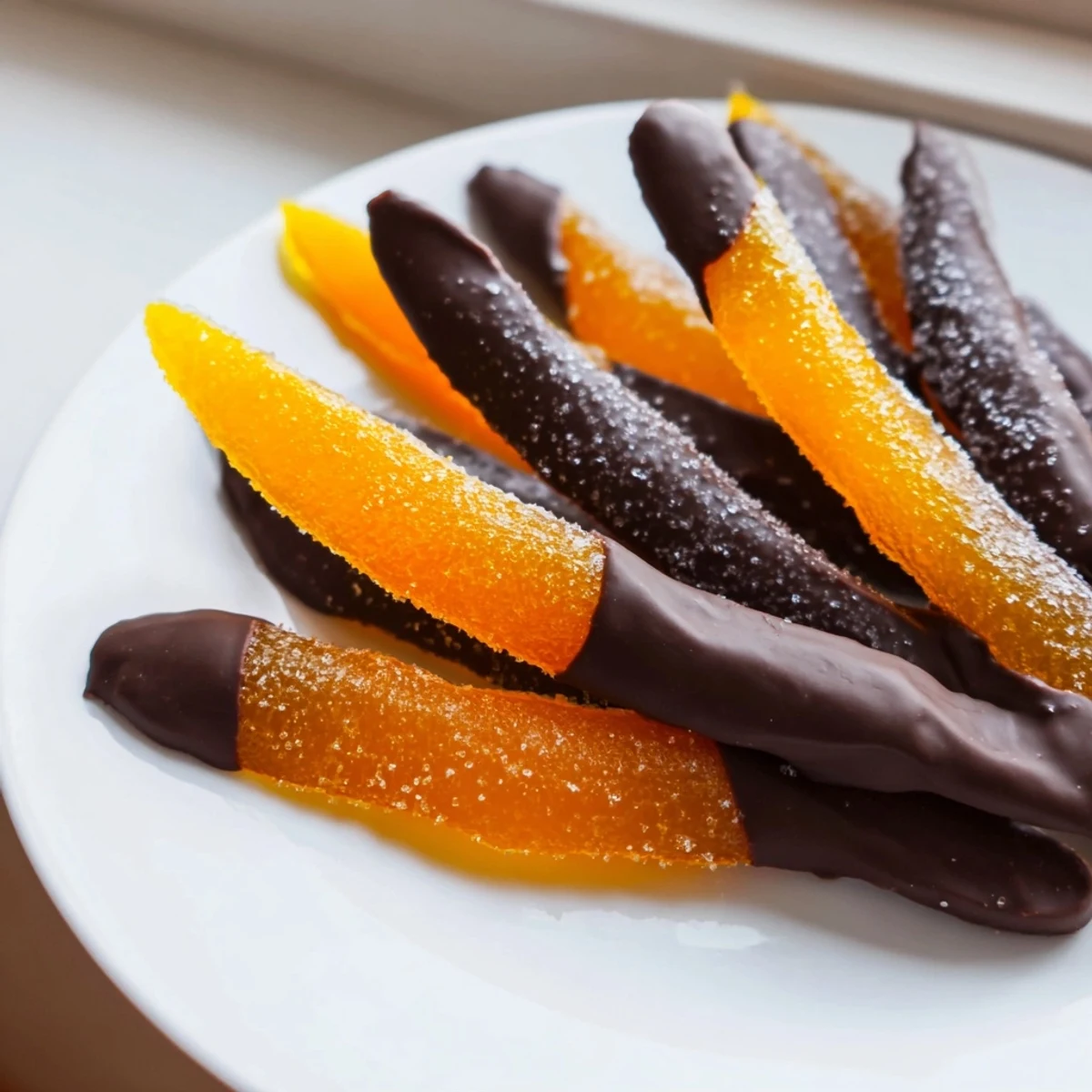 Glistening chocolate covered orange peels arranged on parchment with rich dark coating