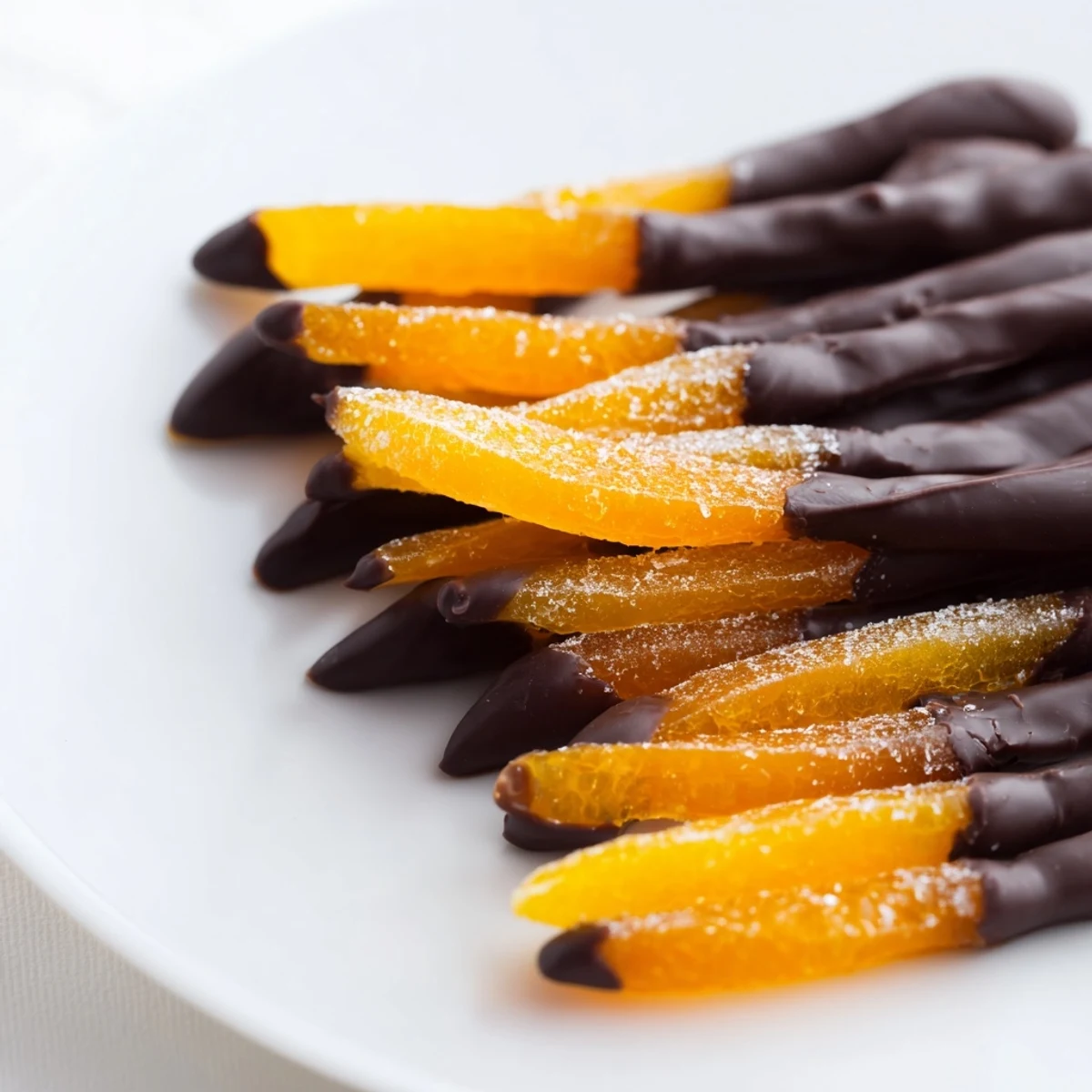 Dark chocolate covered orange peels stacked in a rustic ceramic serving dish