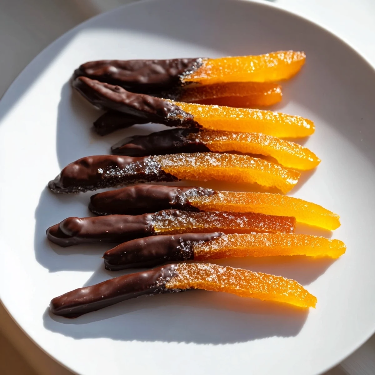 Candied orange peel strips dipped halfway in melted dark chocolate cooling elegantly