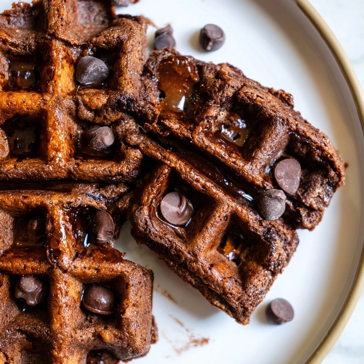 Fudgy Brownie Waffles with crisp golden edges drizzled in melted chocolate sauce