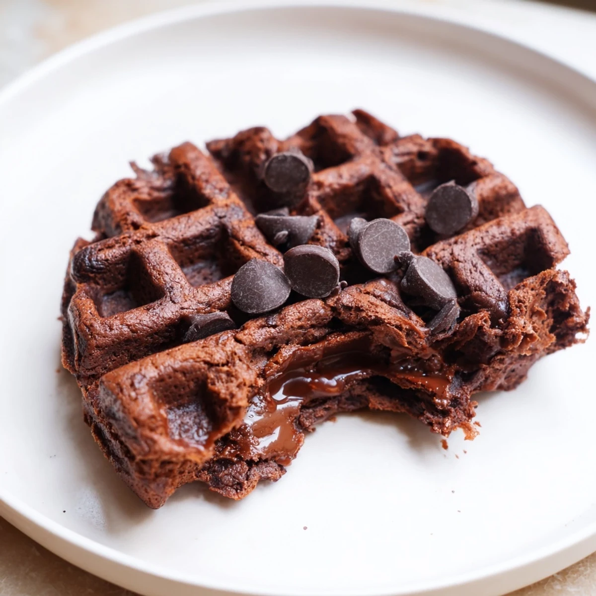 Warm Fudgy Brownie Waffles topped with vanilla ice cream and fresh berries