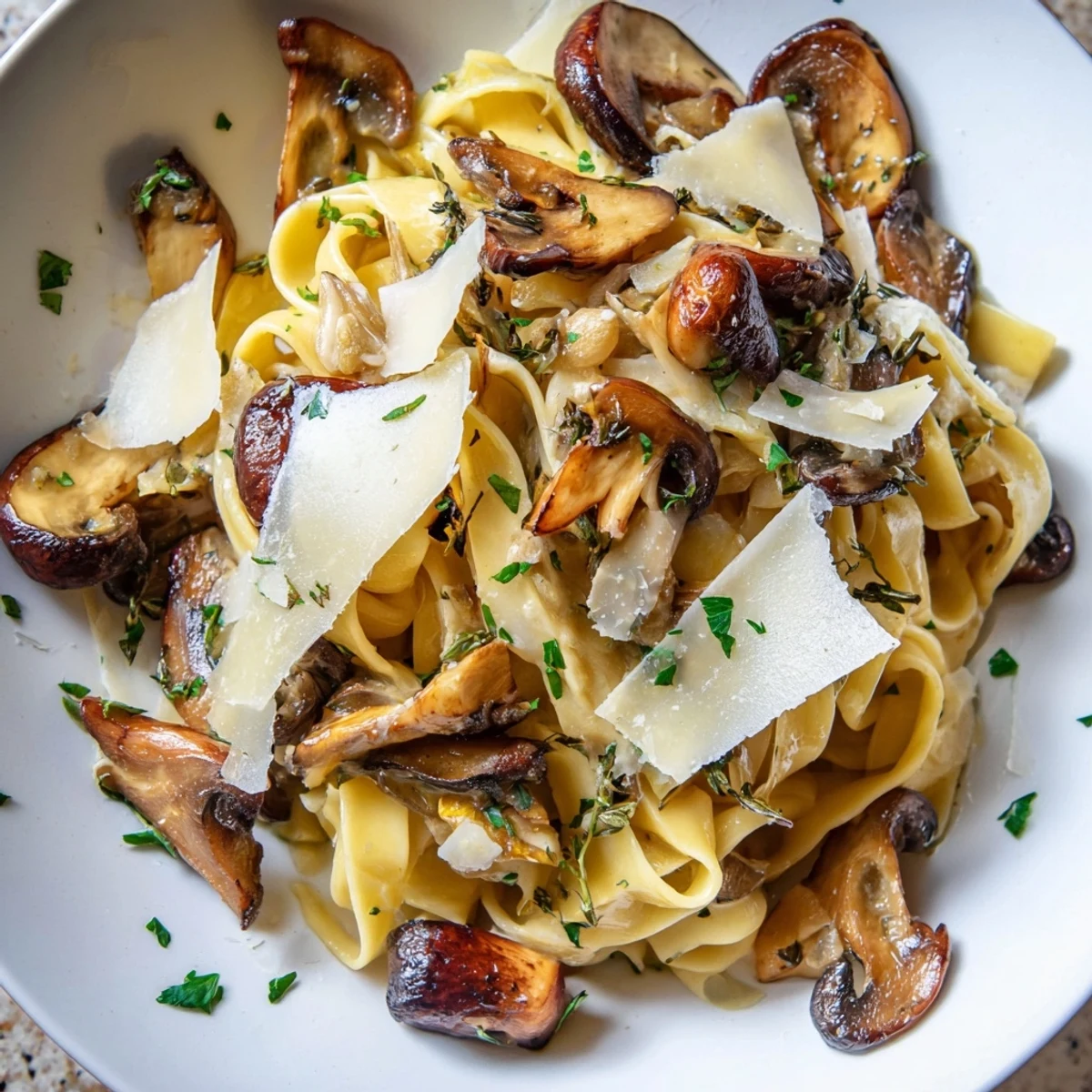 Steaming bowl of creamy brown butter mushroom pasta topped with fresh herbs and Parmigiano Reggiano