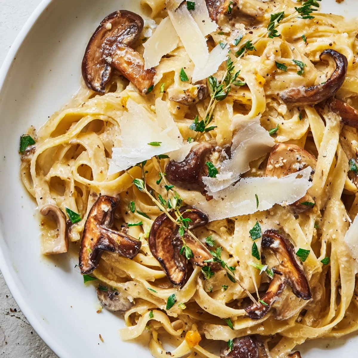 Golden brown butter mushroom pasta coated in silky cream sauce served in a white bowl
