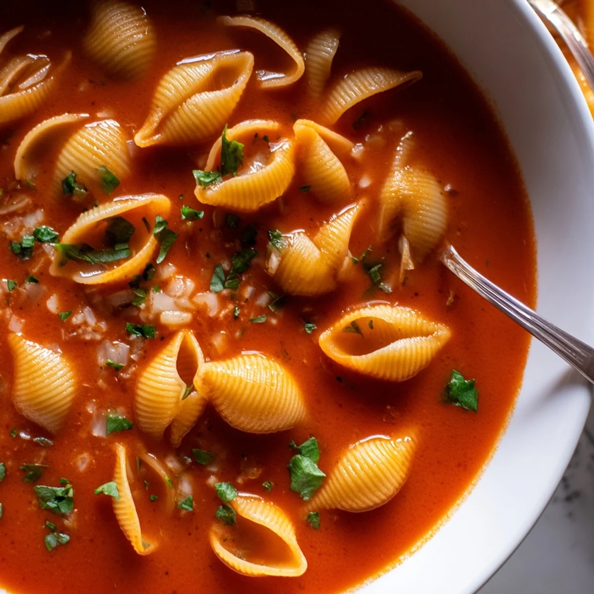 Steaming bowl of sopa de conchas topped with fresh cilantro and lime