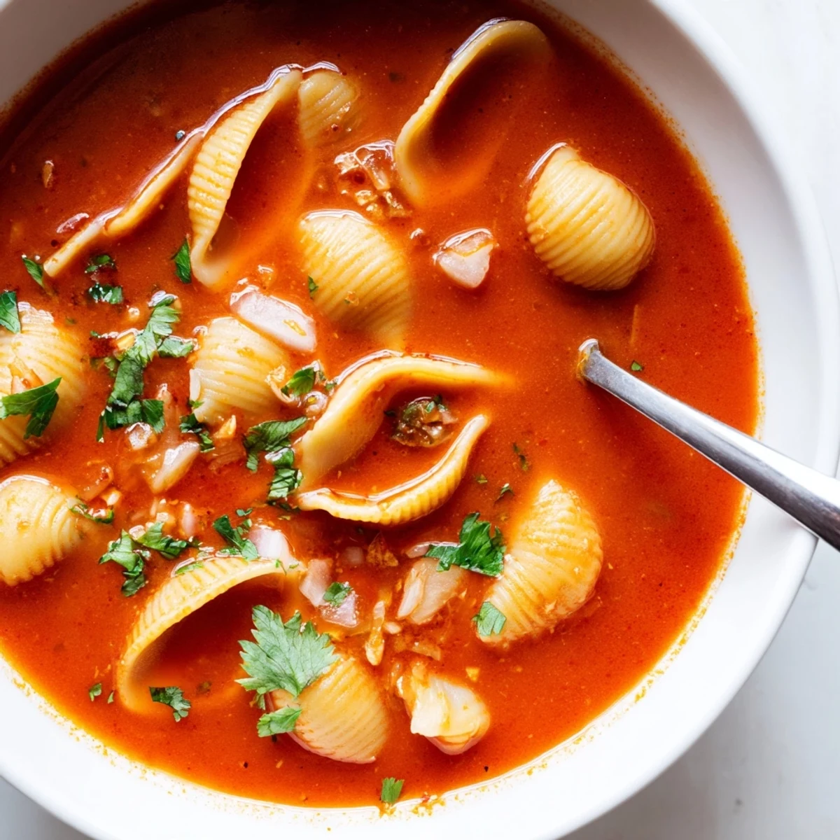 Golden shell pasta swimming in a rich red tomato broth