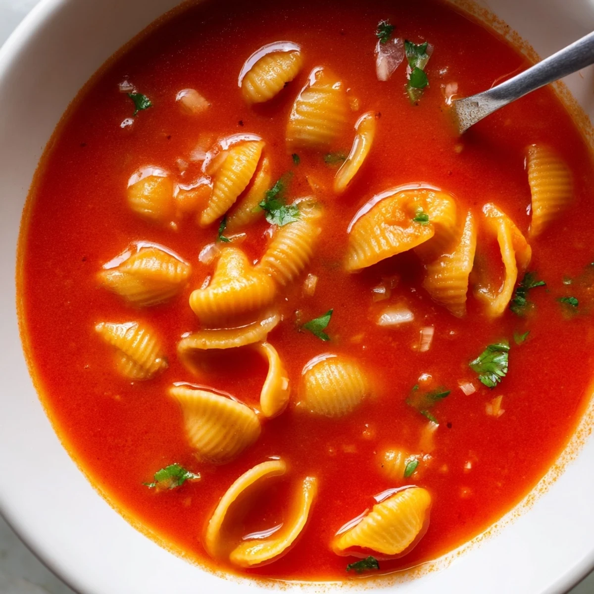 Creamy tomato soup with plump conchas pasta served in a rustic bowl