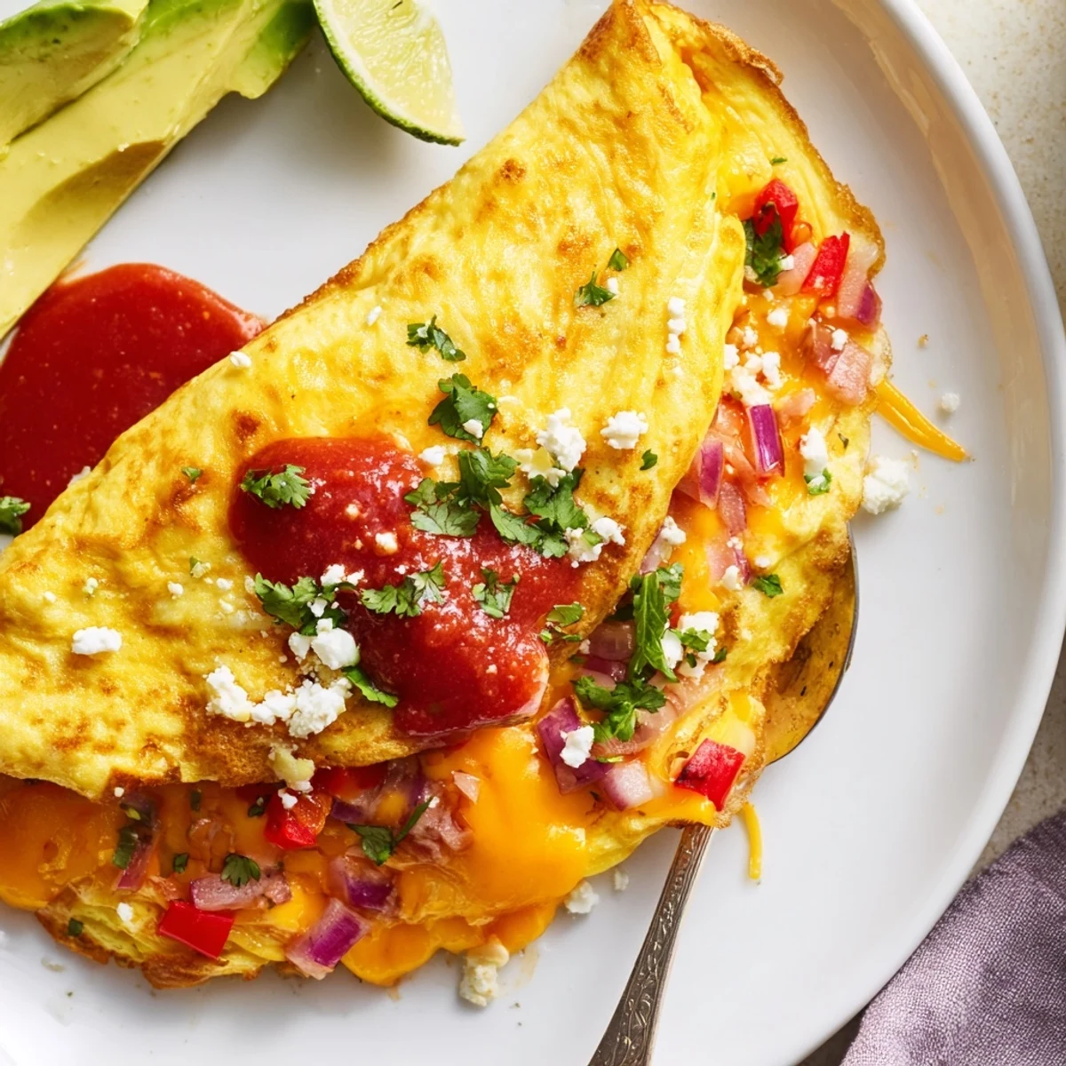 Golden Mexican omelette folded over melted cheddar, peppers, and fresh cilantro