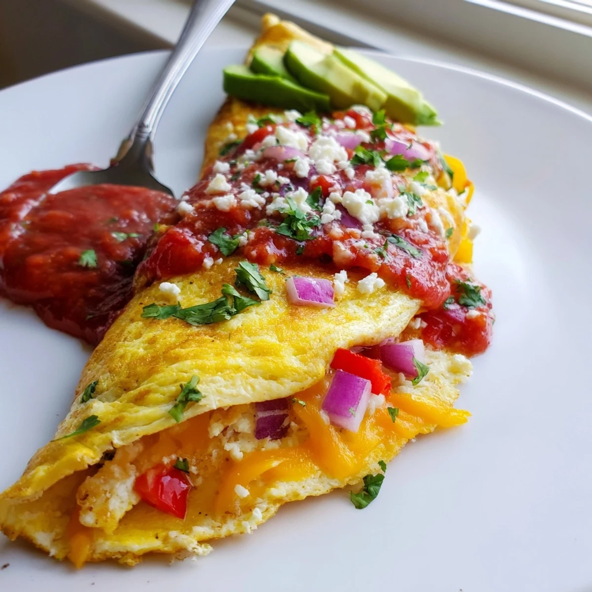 Vibrant Mexican omelette filled with sautéed jalapeño, tomato, and crumbled queso fresco