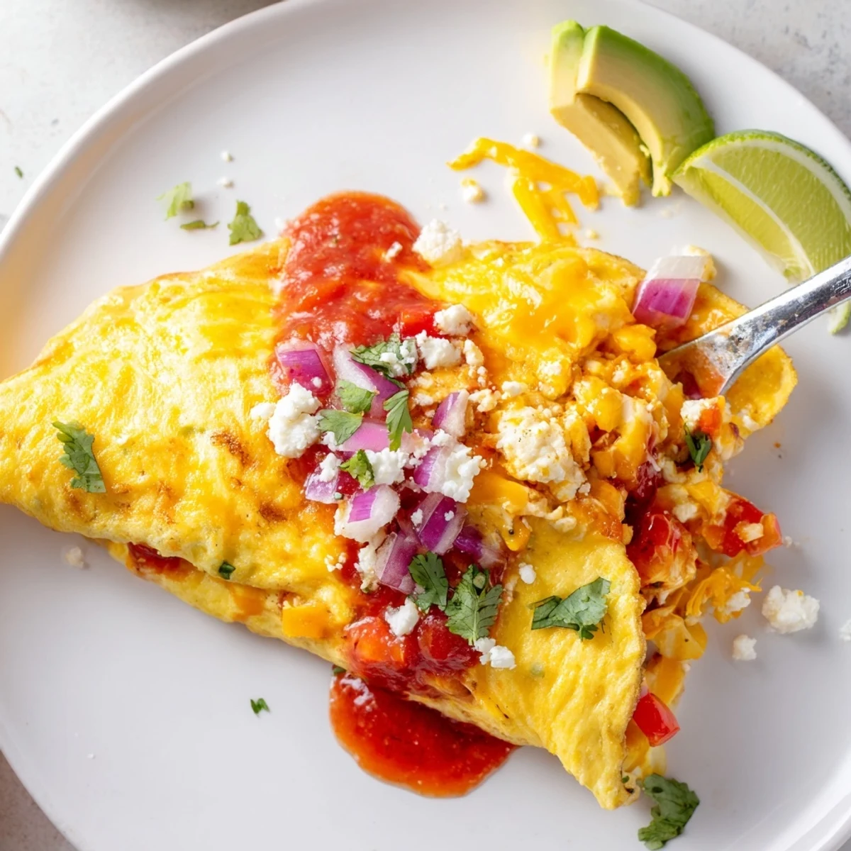 Fluffy Mexican omelette topped with salsa, avocado slices, and lime wedges