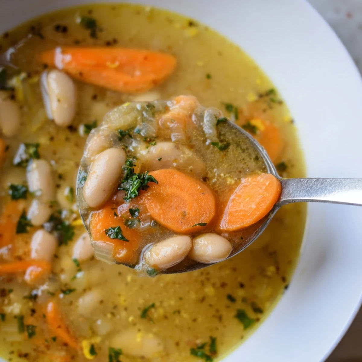 Golden carrot butter bean soup simmered with herbs in a steaming bowl