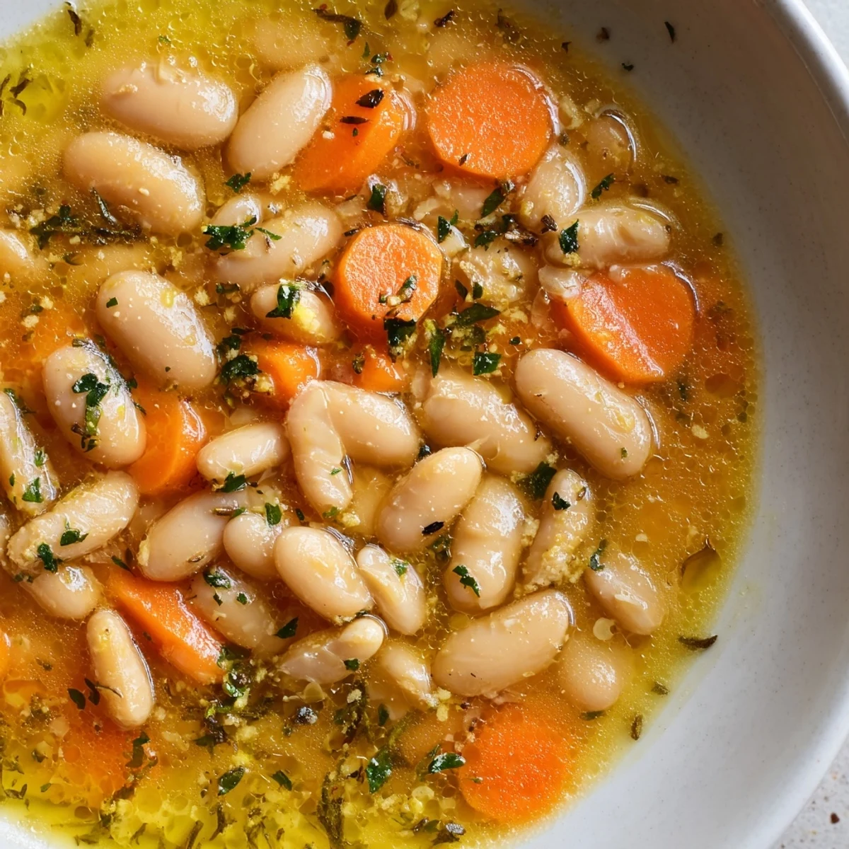 Creamy butter bean soup with tender sliced carrots and fresh parsley garnish
