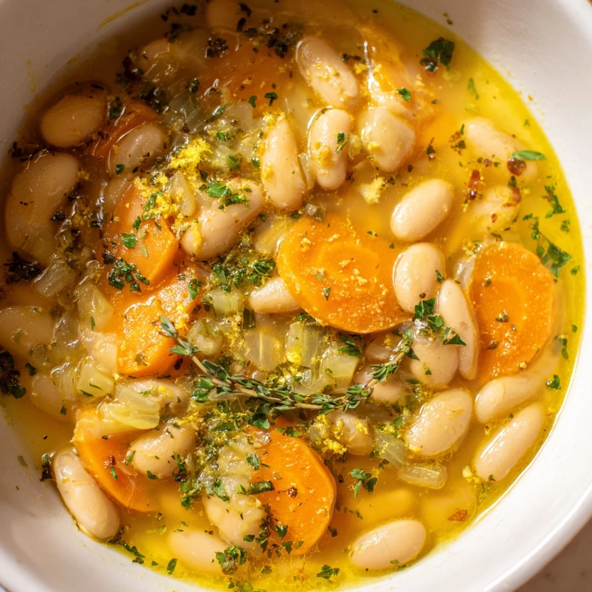 Hearty bowl of brothy carrot butter bean soup finished with a lemon squeeze