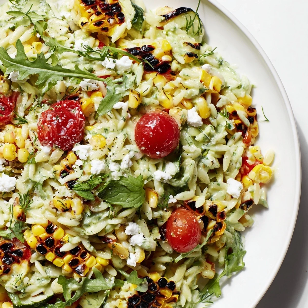 Golden grilled corn orzo salad drizzled with creamy scallion dill dressing in a rustic bowl