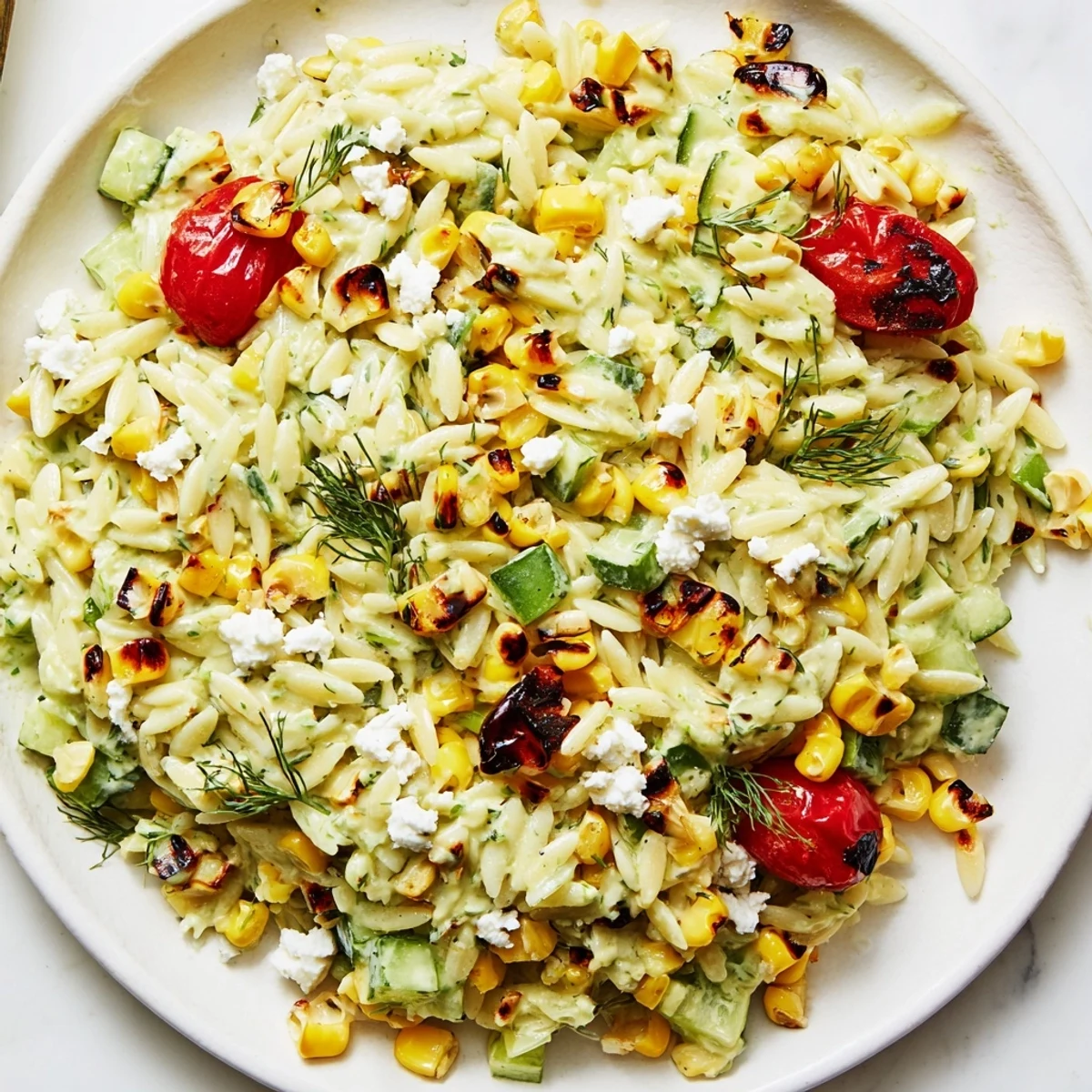 Smoky charred corn kernels and tender orzo tossed in vibrant green scallion dill dressing