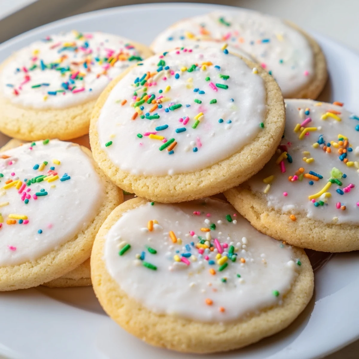 Soft buttery sugar cookies dusted with sparkling sugar on a white ceramic plate