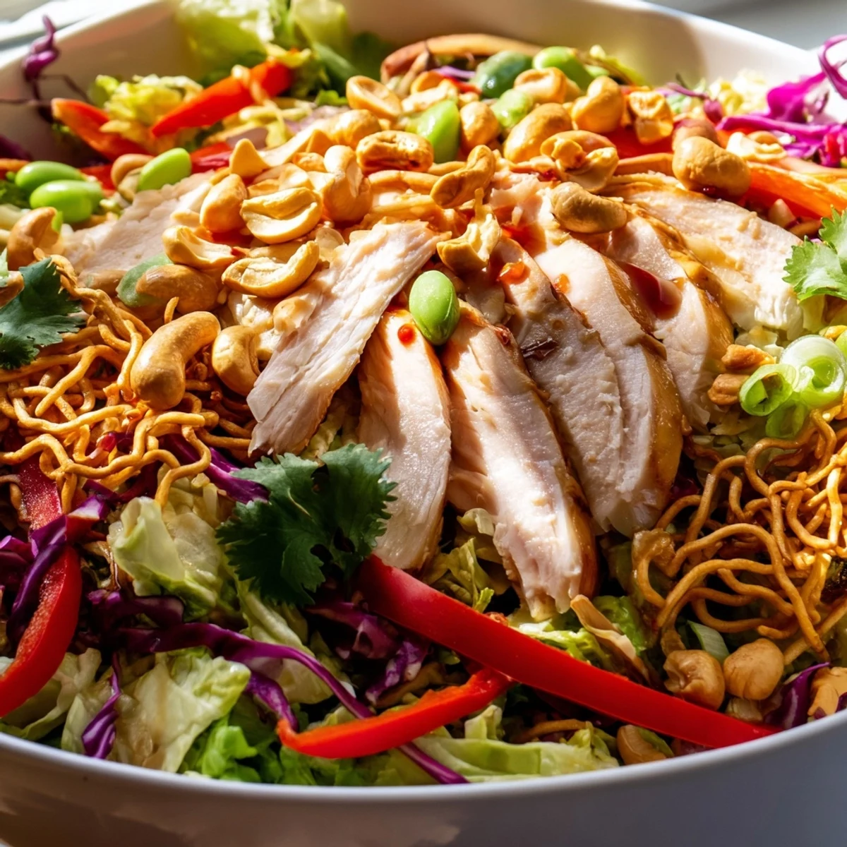 Colorful Chicken Cashew Crunch Salad topped with toasted cashews and sesame dressing