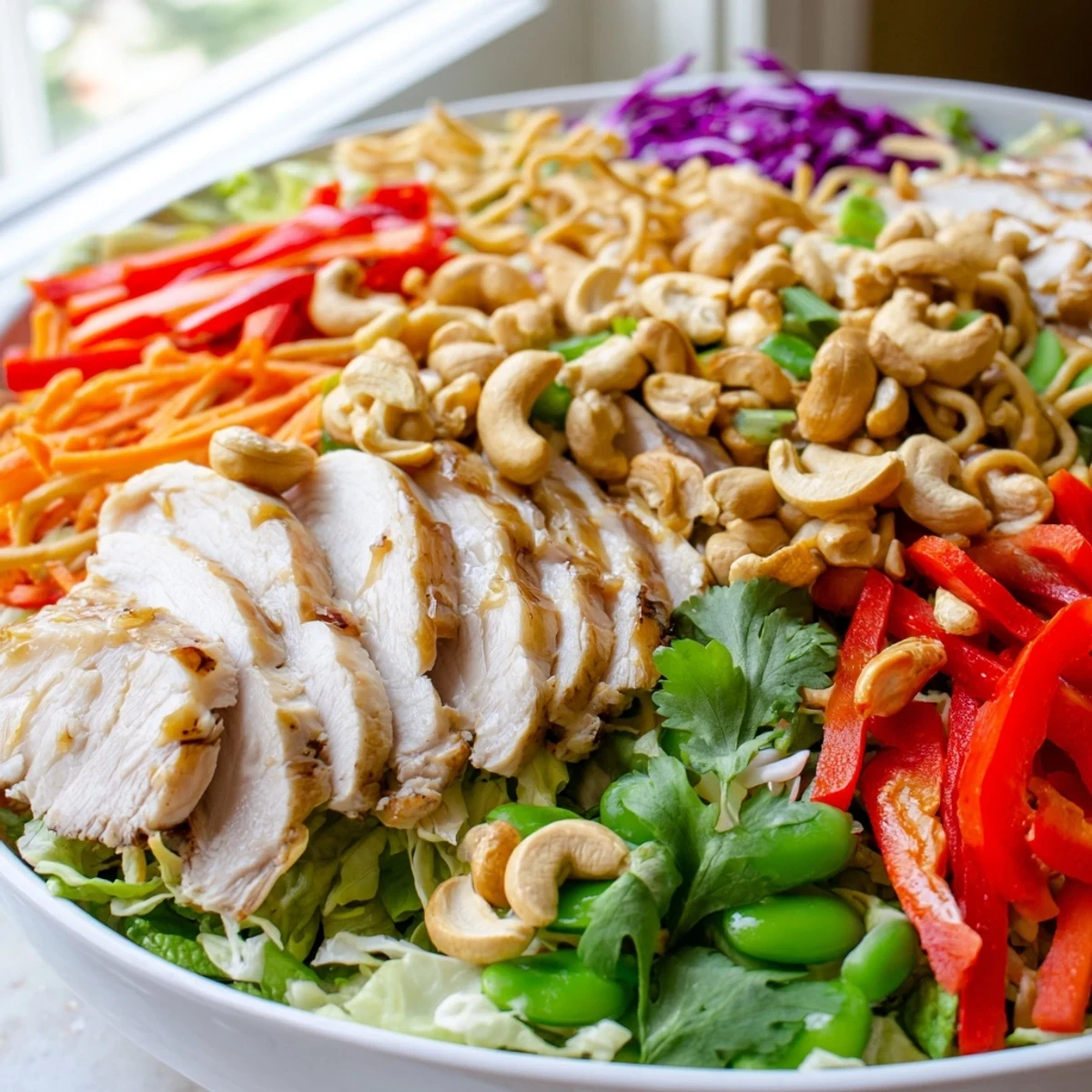 Vibrant Chicken Cashew Crunch Salad drizzled with tangy Asian-inspired dressing in a bowl