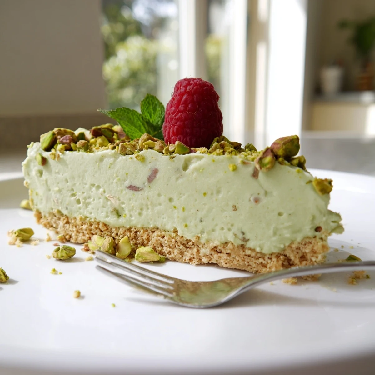 Creamy no bake pistachio cheesecake with a golden graham cracker crust topped with chopped nuts