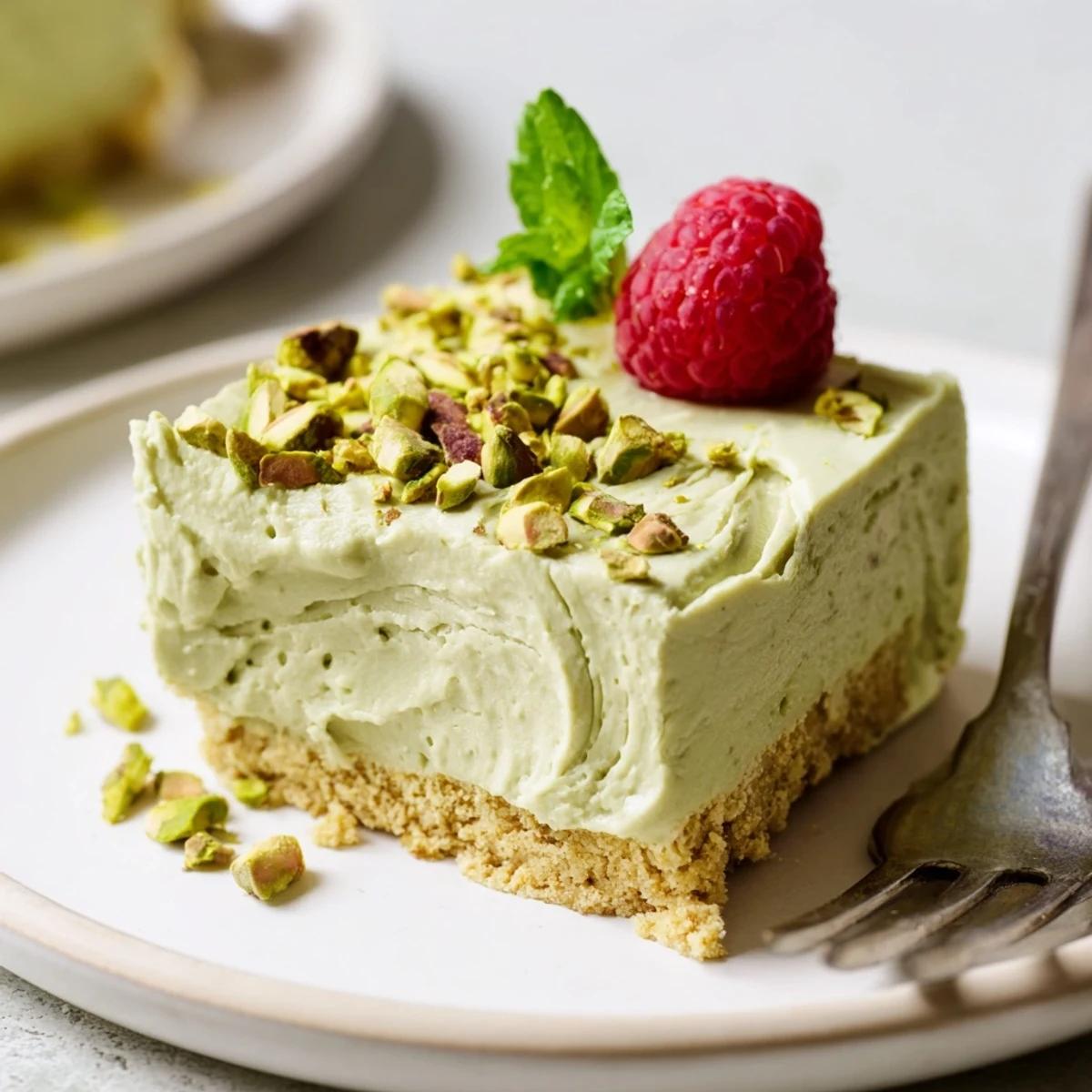 Slice of no bake pistachio cheesecake garnished with fresh berries on a white plate