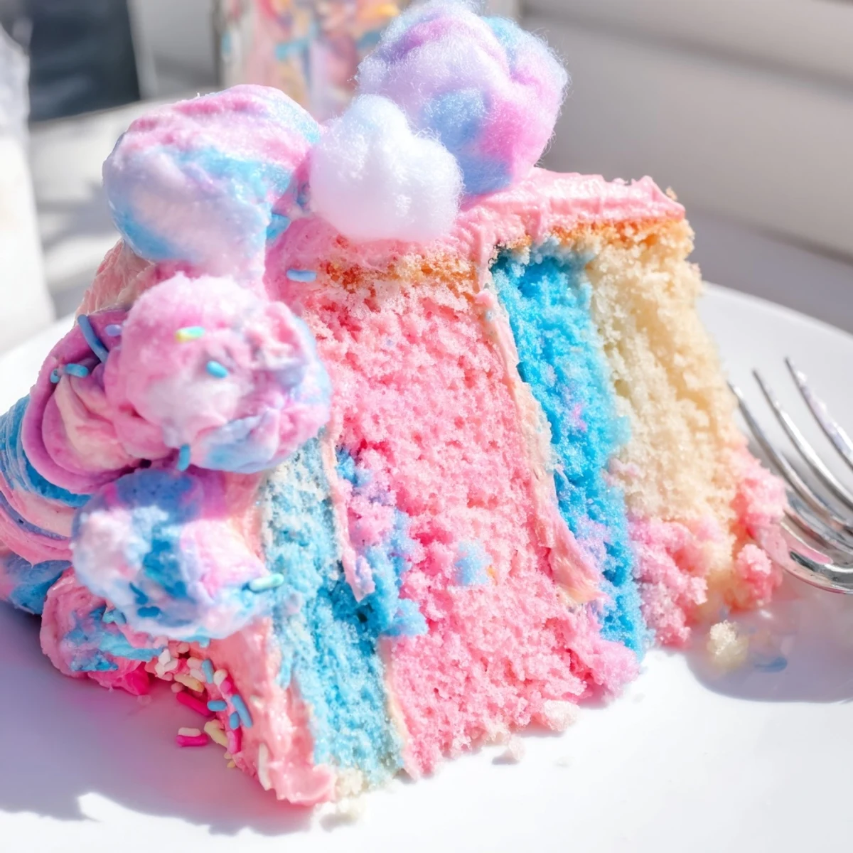 Cotton candy cake with pastel layers served on a festive party table