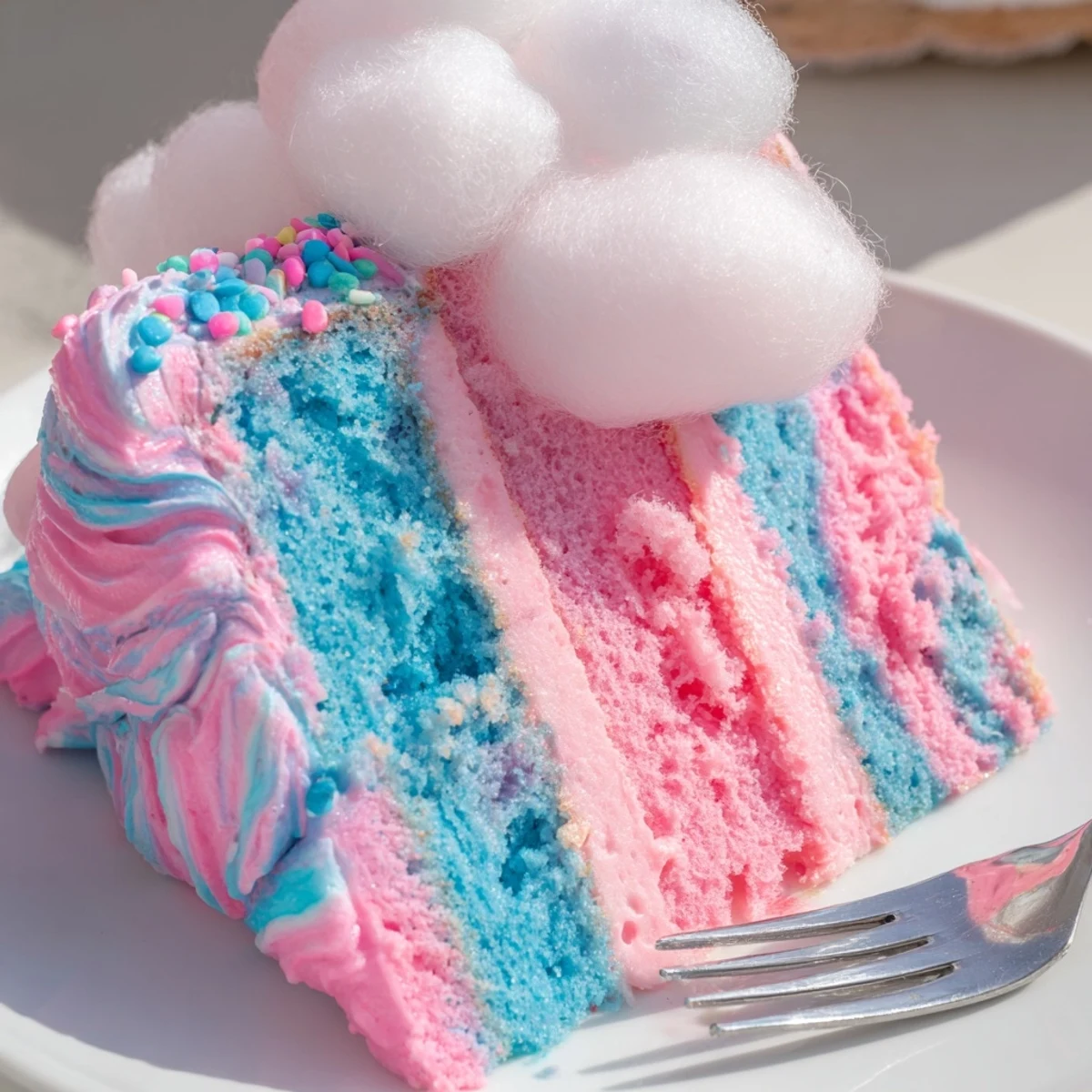 Swirled pink and blue cotton candy cake topped with fluffy buttercream frosting