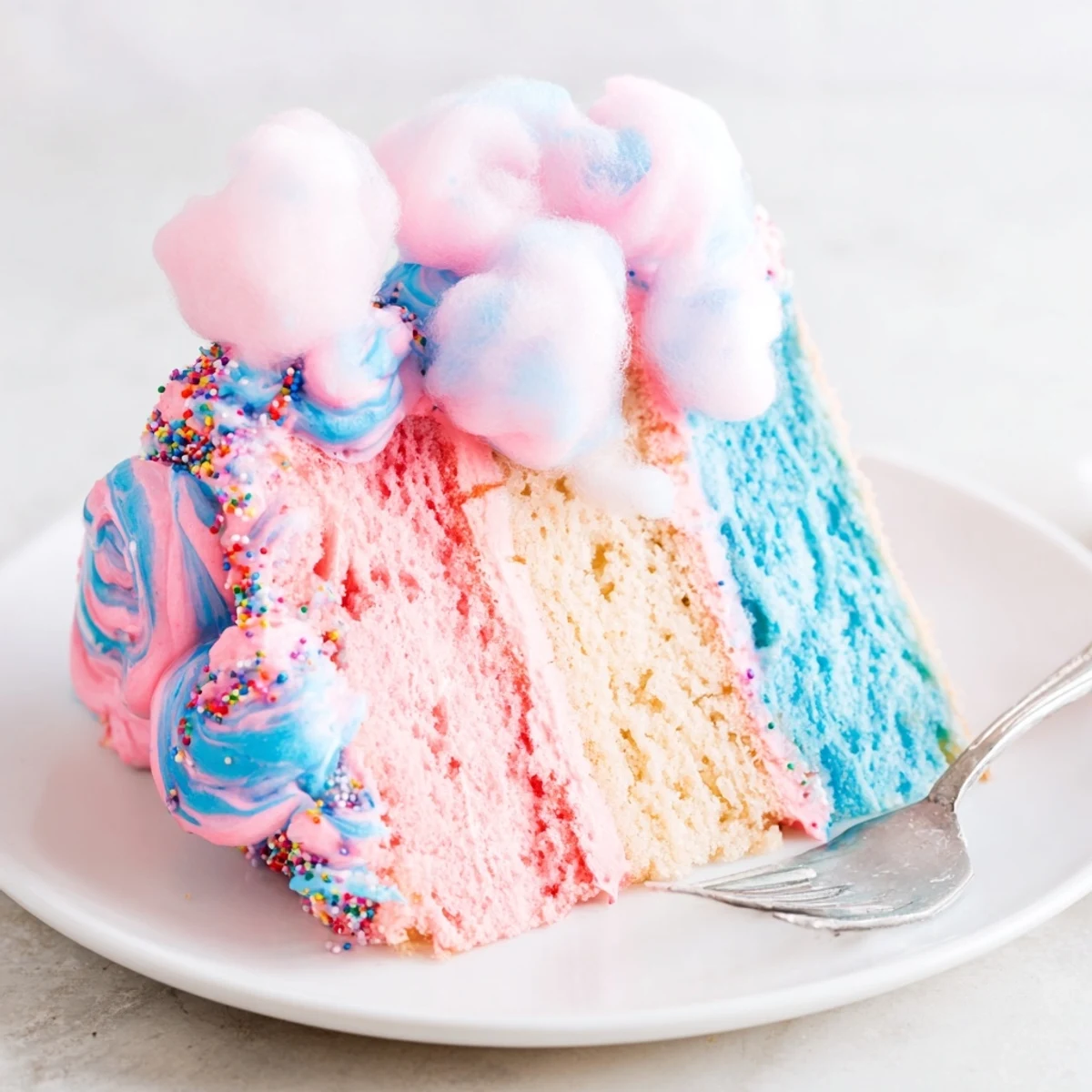 Slice of cotton candy cake showing vibrant pink and blue marbled sponge
