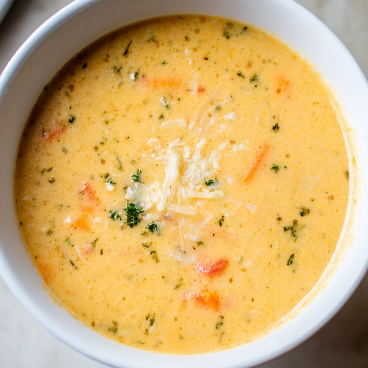 Creamy vegetable soup ladled into a bowl with fresh parsley and crusty bread