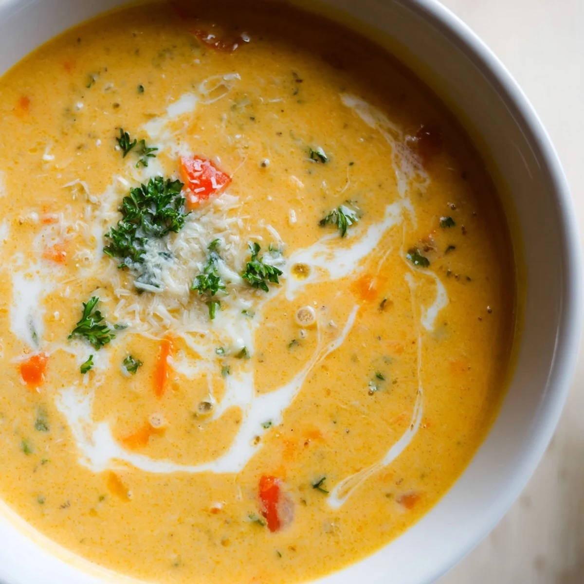 Vibrant creamy vegetable soup swirling with tender diced vegetables and a drizzle of cream