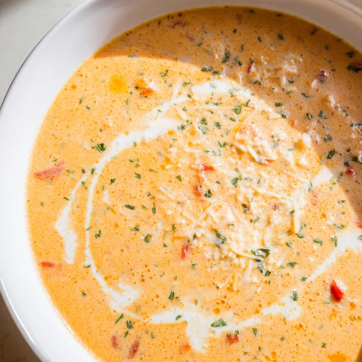 Golden creamy vegetable soup topped with Parmesan and chopped herbs in a rustic mug