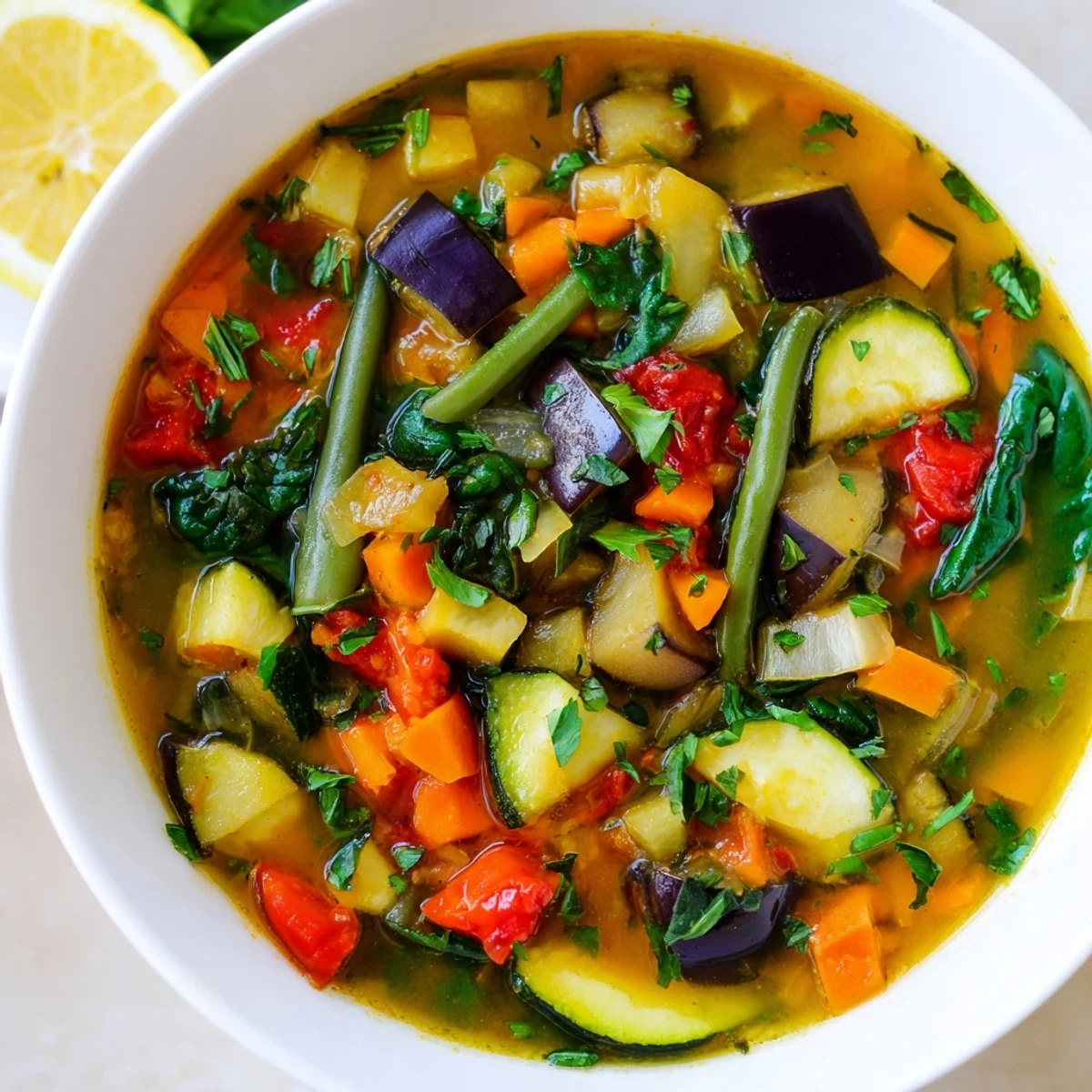 Bowl of Mediterranean Soup topped with fresh parsley and a lemon wedge