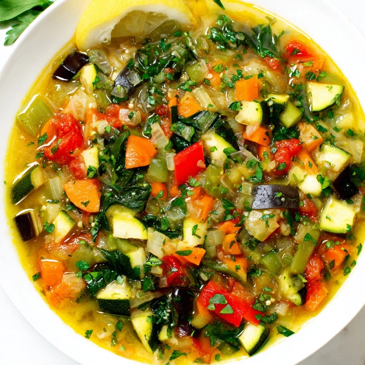 Steaming Mediterranean Soup loaded with colorful tender vegetables in a rustic pot