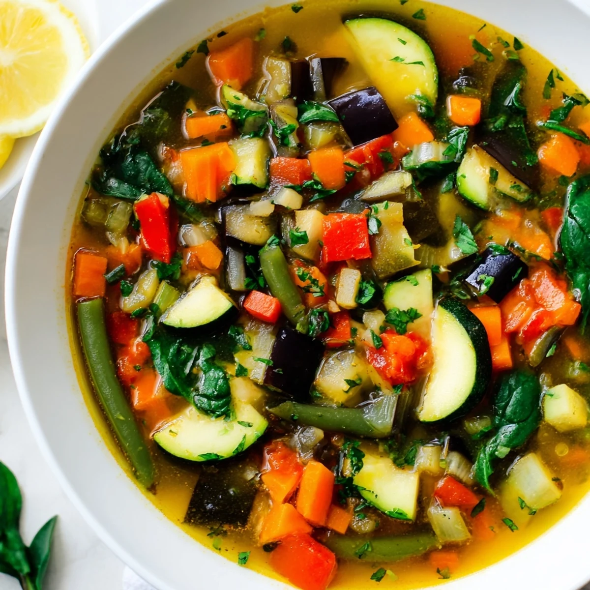 Bright Mediterranean Soup served in a white bowl with crusty bread alongside