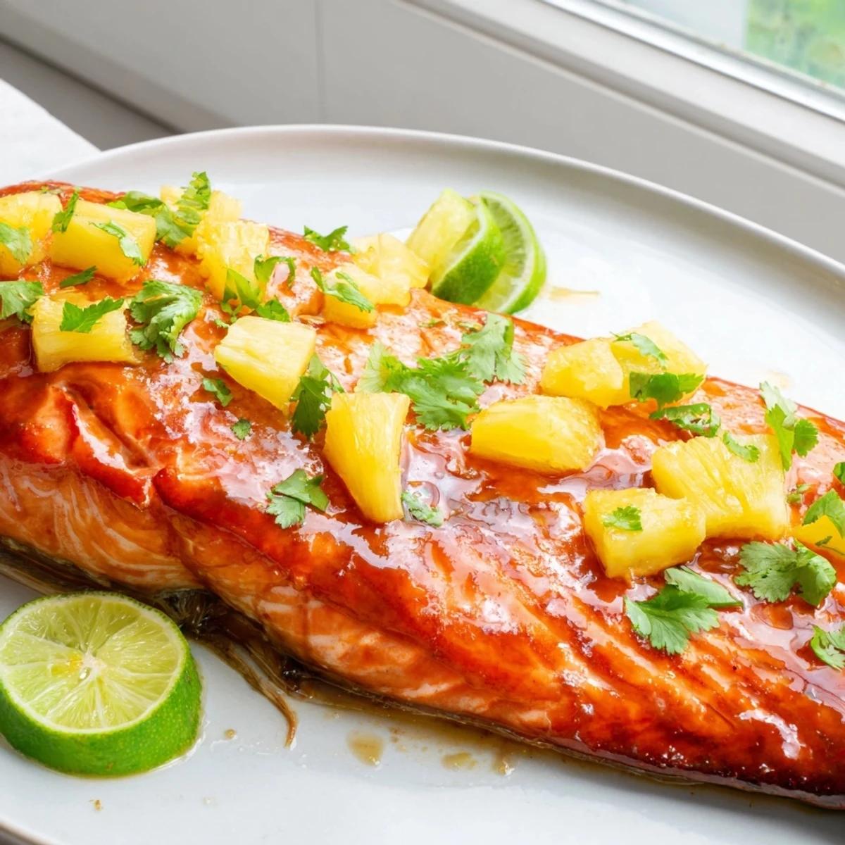Glistening honey pineapple glazed salmon with caramelized edges on a white plate