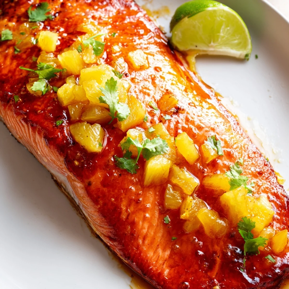 Honey pineapple glazed salmon topped with fresh diced pineapple and cilantro