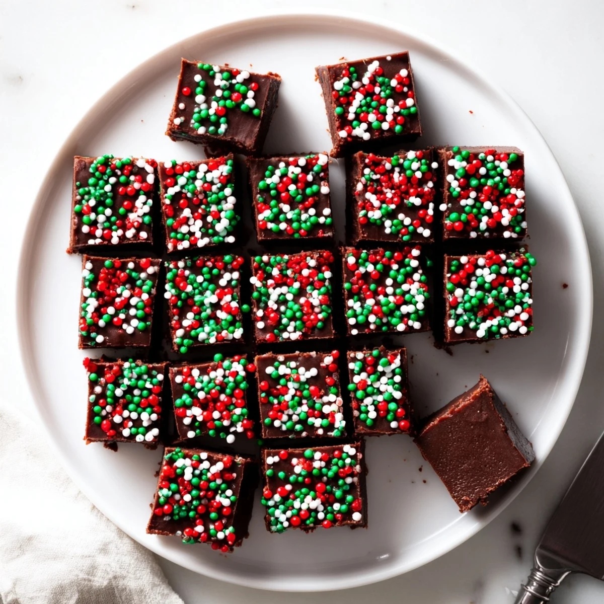 Creamy Christmas fudge with sprinkles cut into neat squares on a rustic wooden board