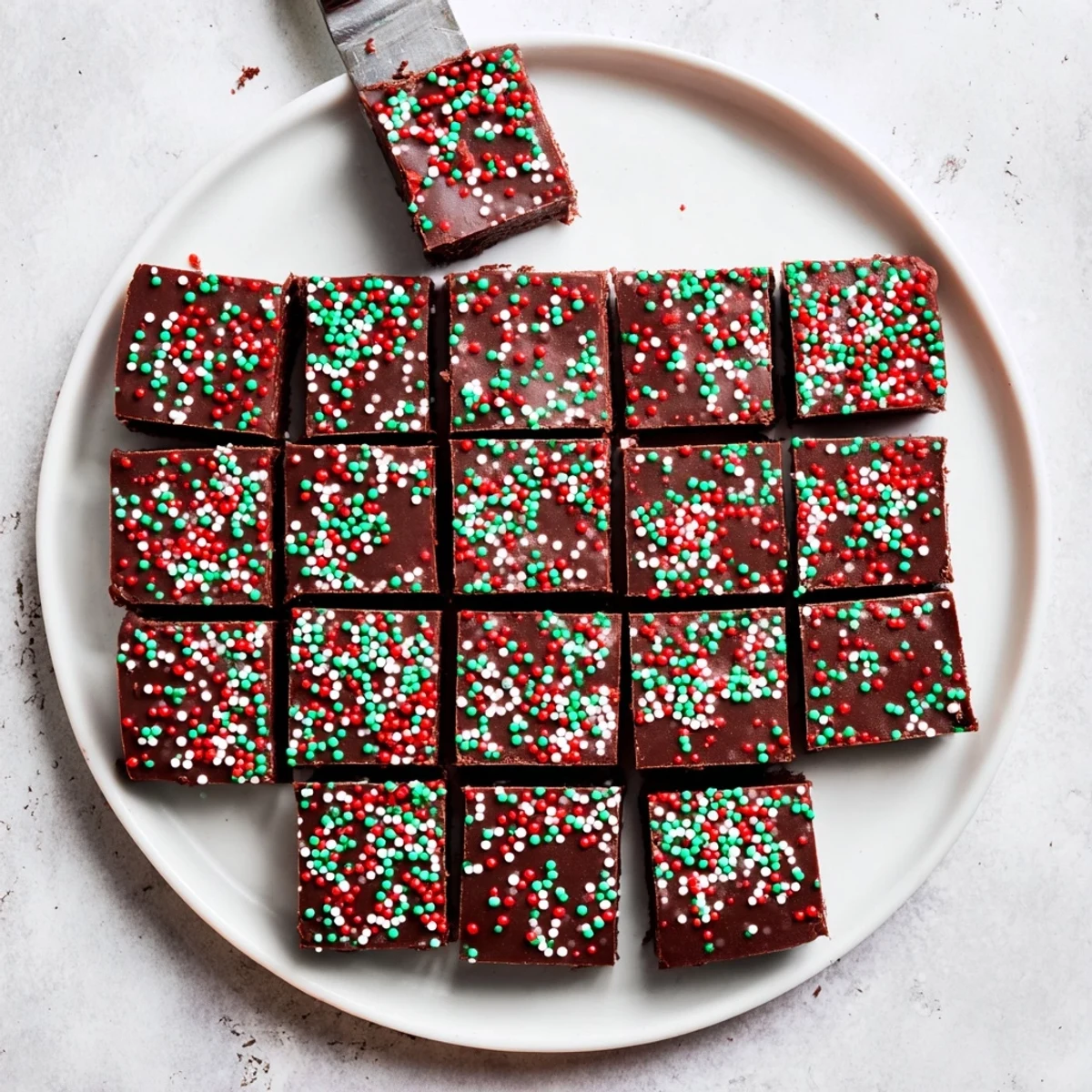 Thick velvety Christmas fudge with sprinkles served on a festive white platter