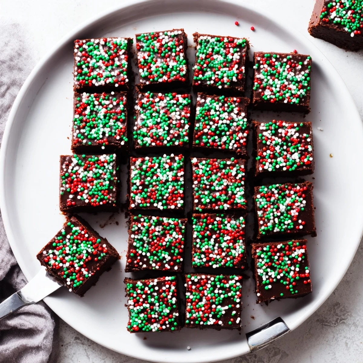 Rich chocolate Christmas fudge with sprinkles glistening under soft holiday kitchen lighting