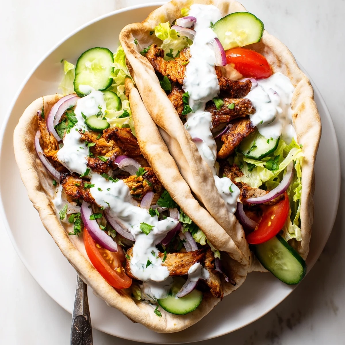 Flavor Packed Chicken Pitas with juicy spiced chicken and crisp fresh vegetables