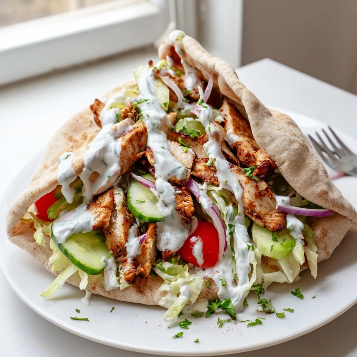 Golden charred chicken tucked inside soft pita with bright Mediterranean toppings