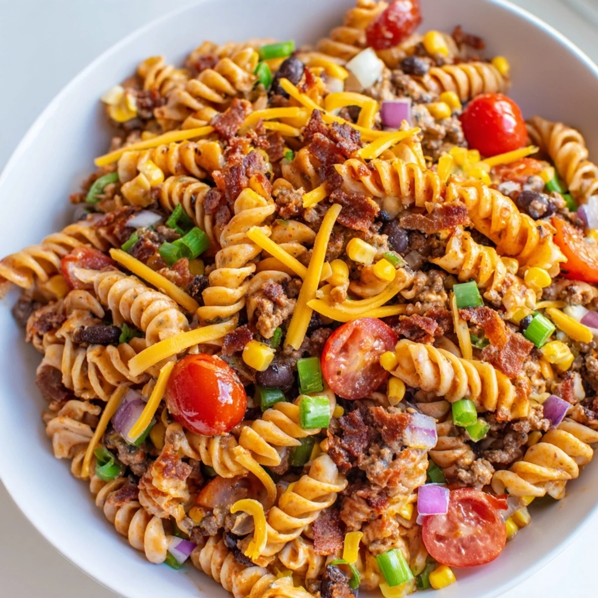 Cowboy pasta salad loaded with smoky bacon, beef, and tangy BBQ dressing in a rustic bowl