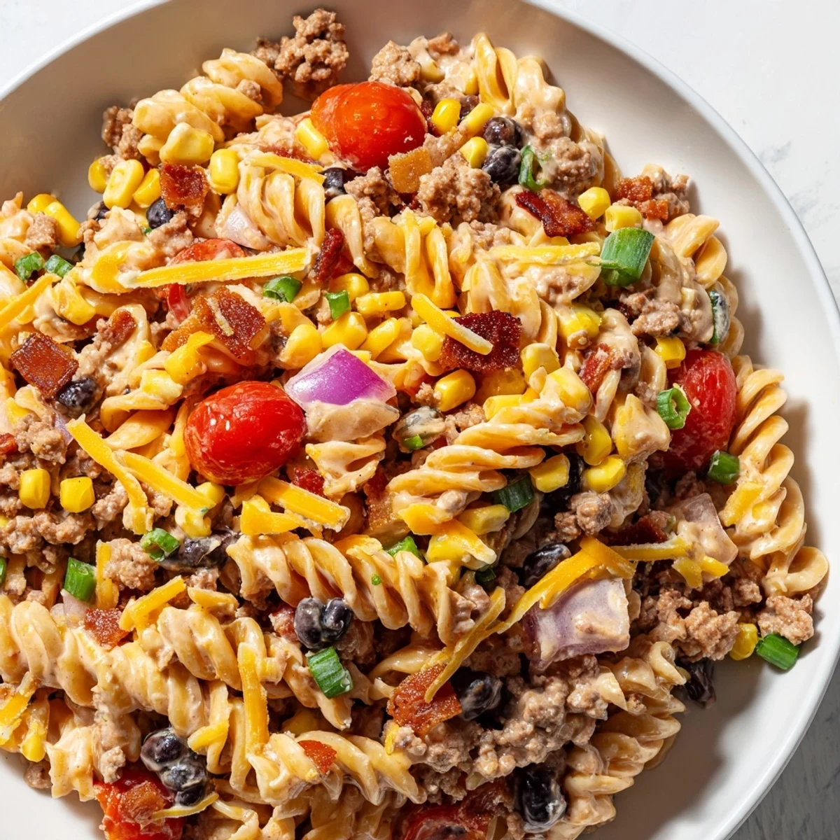 Hearty cowboy pasta salad tossed with cheddar, corn, and zesty ranch BBQ sauce