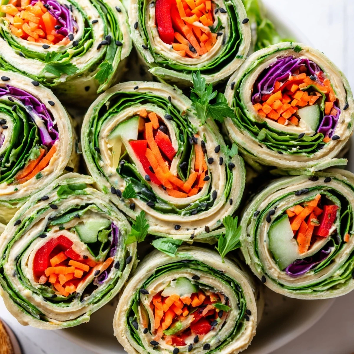 Colorful vegan picnic hummus veggie pinwheels sliced and arranged on a rustic platter