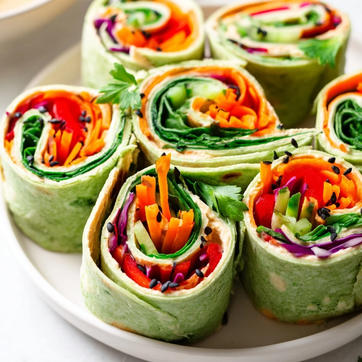 Fresh vegan picnic hummus veggie pinwheels showing creamy filling rolled inside soft spinach tortillas