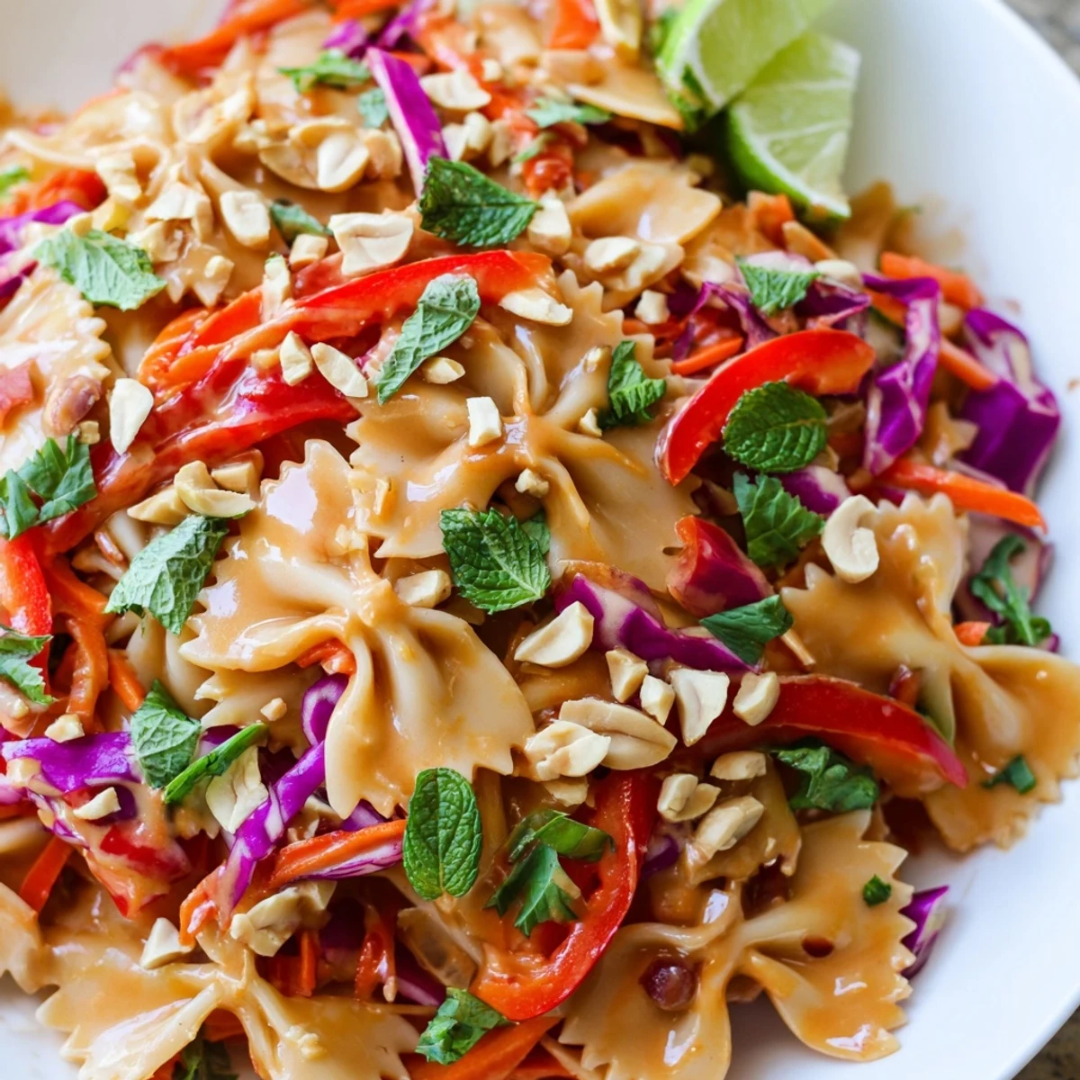 Colorful spicy Thai pasta salad loaded with crunchy vegetables and creamy peanut dressing
