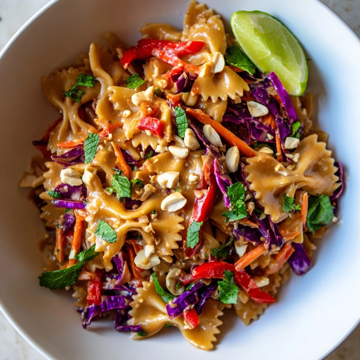 Spicy Thai pasta salad garnished with roasted peanuts and fresh cilantro in a rustic bowl