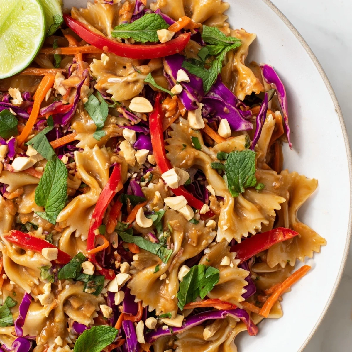 Bowtie spicy Thai pasta salad tossed with shredded cabbage, carrots, and a zesty chili drizzle