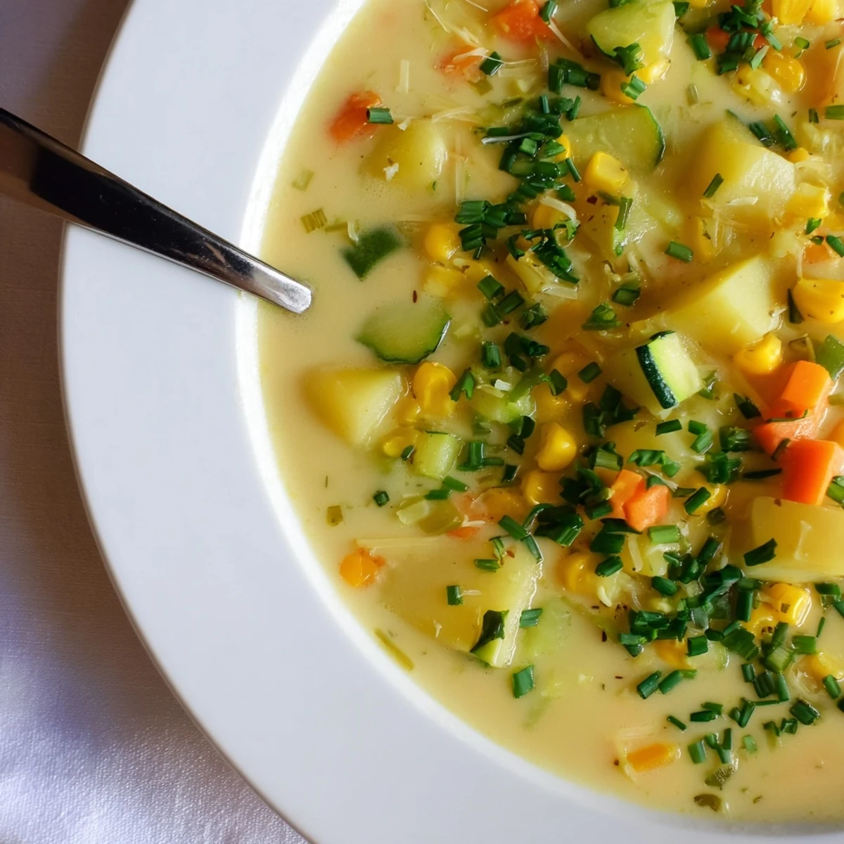 Creamy summer corn zucchini chowder ladled into a rustic bowl with fresh herb garnish