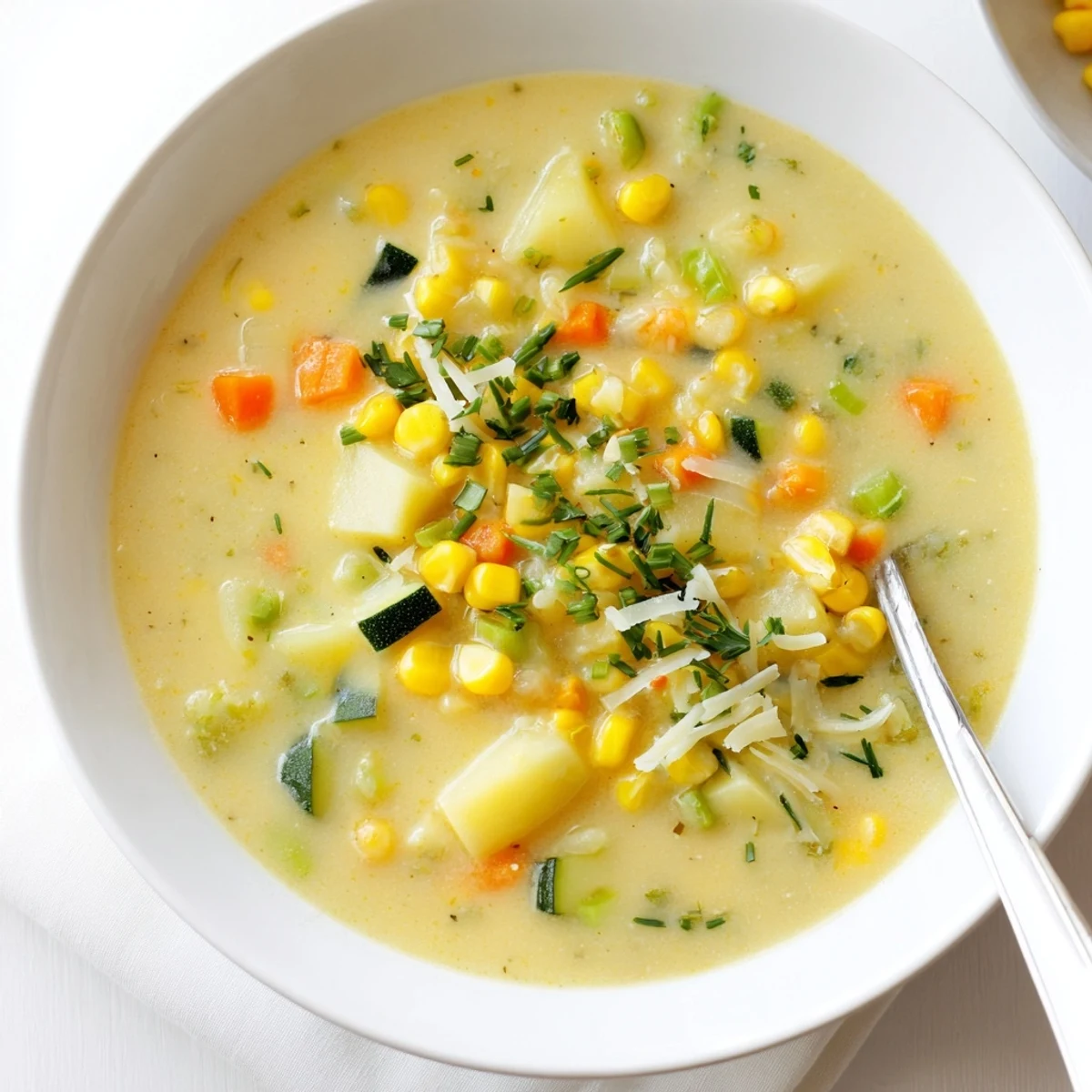 Golden summer corn zucchini chowder simmering in a pot with tender vegetables and herbs