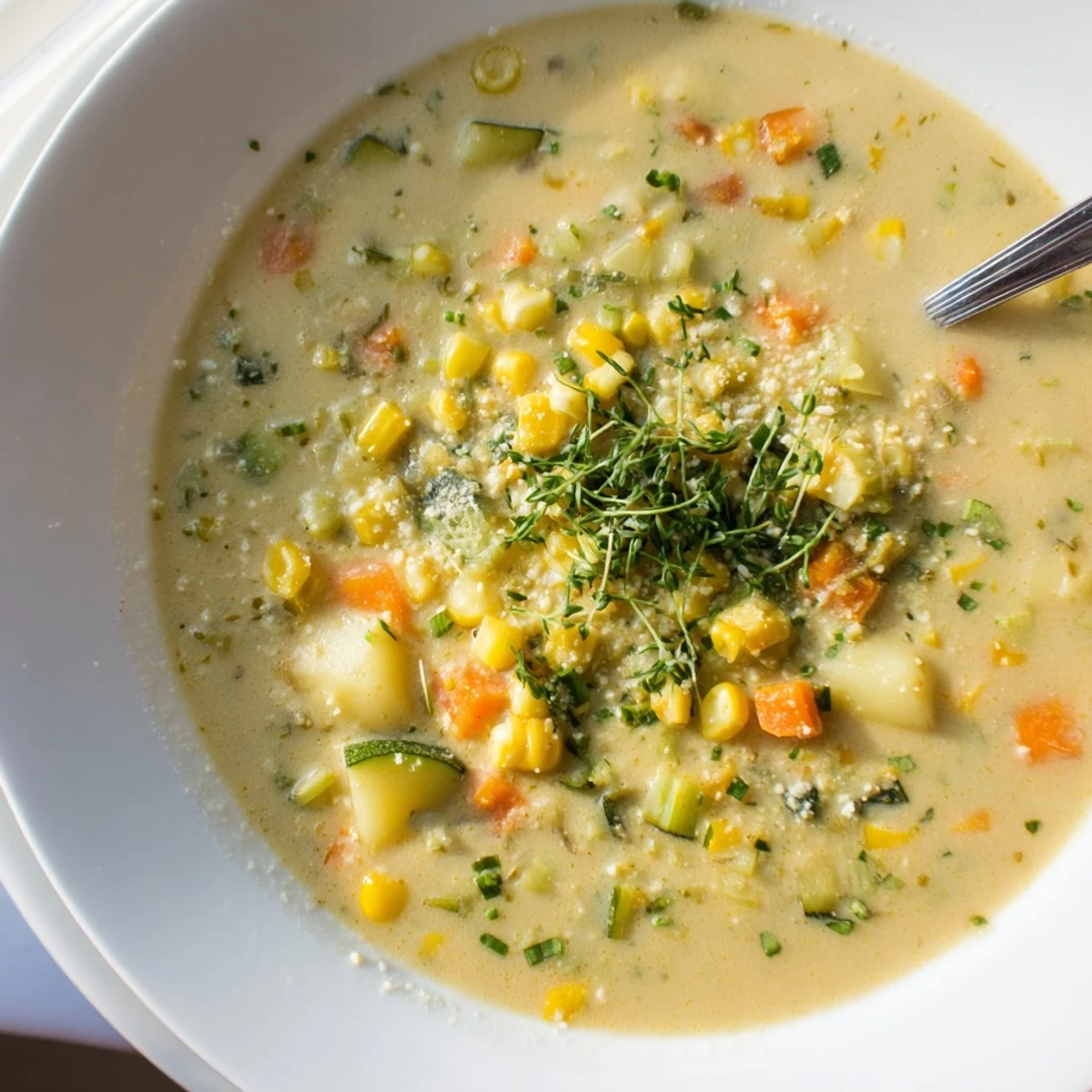 Steaming bowl of summer corn zucchini chowder topped with chives and crusty bread